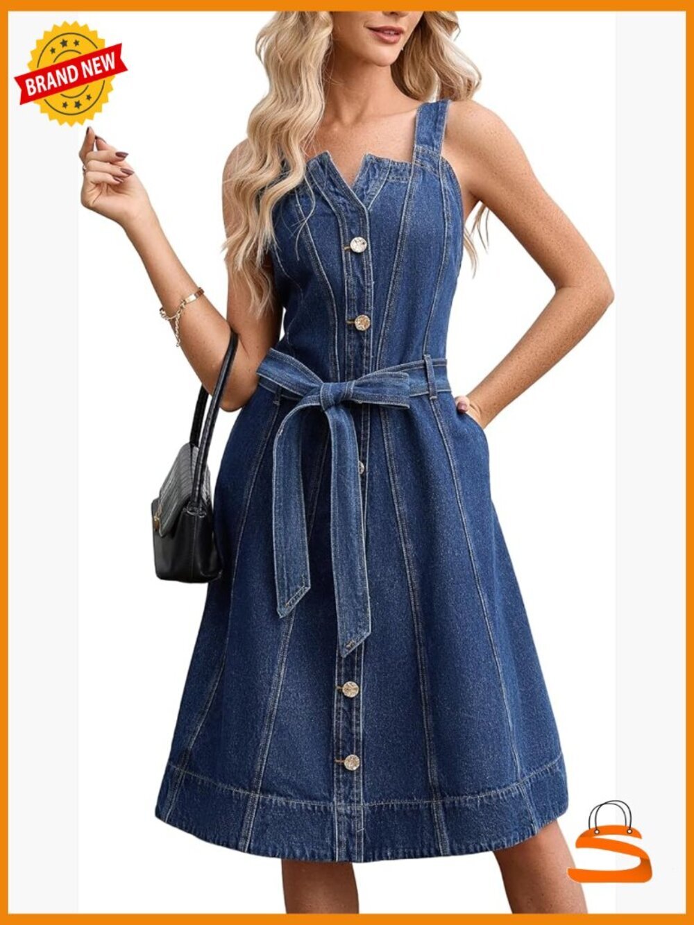 Sleeveless Denim Midi Dress with Belt Pockets Back Zipper Summer Jean Dress